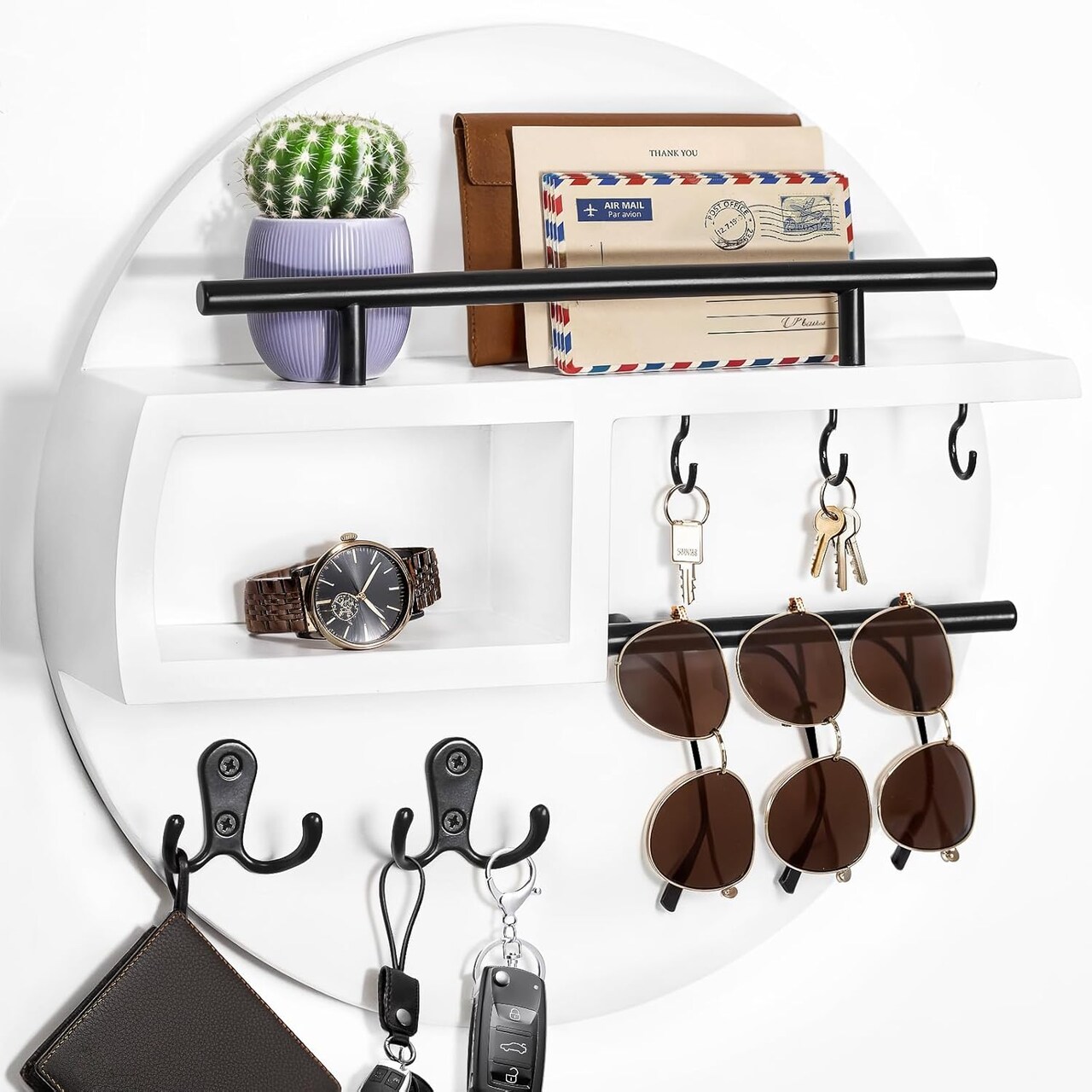 Key Holder Wall Mount, Wooden Decorative Key Rack with Shelf, Sunglasses Hanger, Storage Box, Multi Hooks, Round, 12 Inch, White and Black